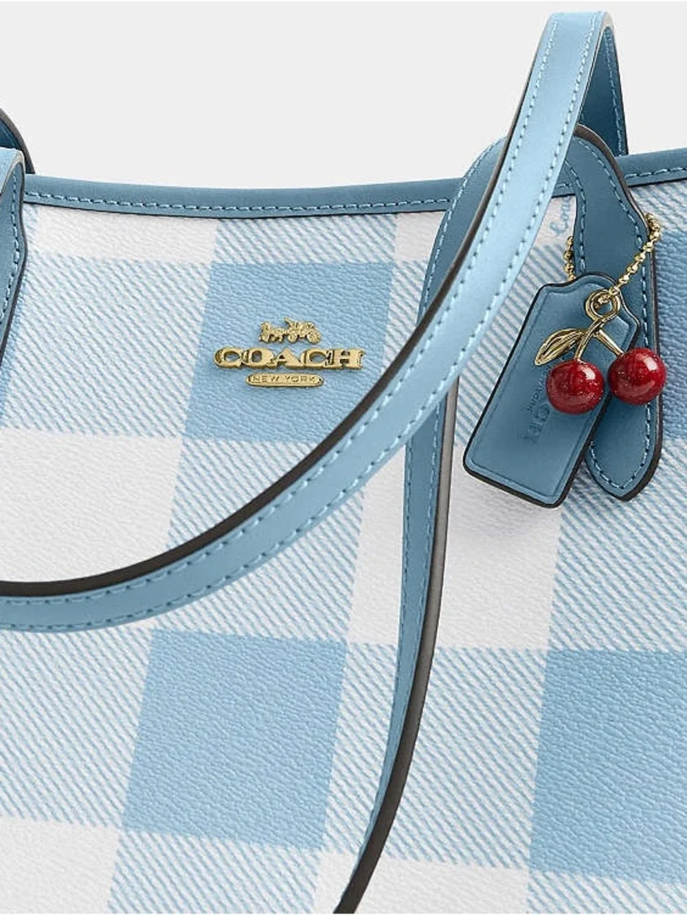 Coach Medium City Tote Bag: Blue & White Gingham Print With Cherry Bag Charm
